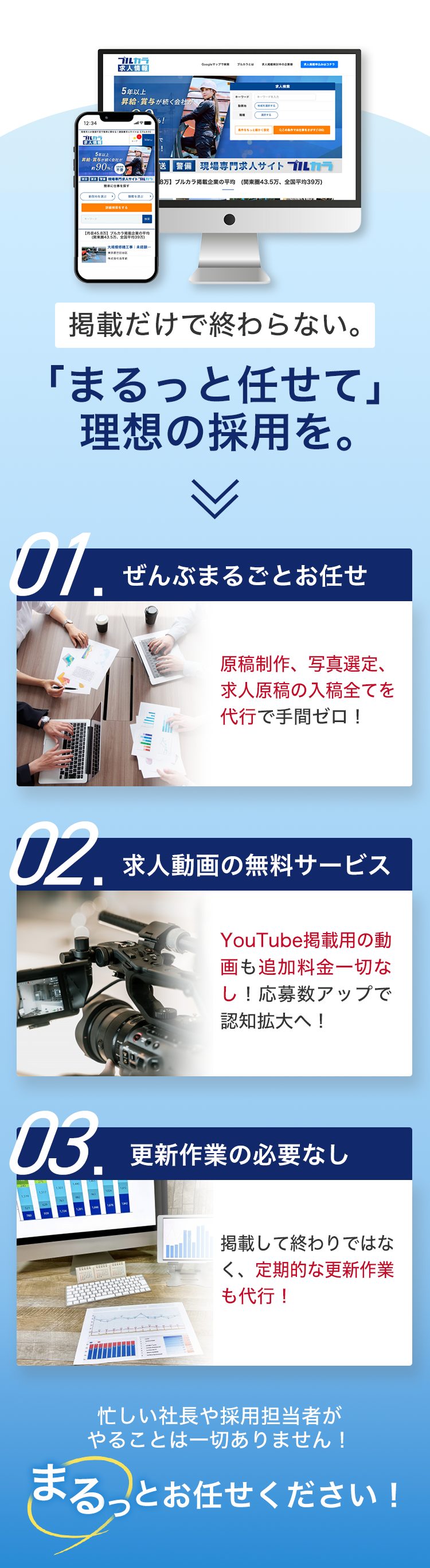 掲載だけで終わらない。「まるっと任せて」理想の採用を。 | 建設業専門求人サイト「ブルカラ」はWEB・ネット検索に強い！求人掲載価格は？プランは？掲載期間は？あなたの採用活動をサポートいたします。
